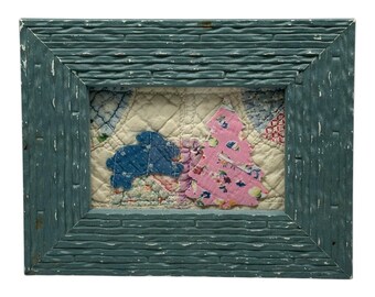 Handmade Textile Bunny Easter Art In Shabby Frame Vtg English Cutter Quilt Piece