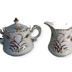 Vintage Lefton China Cream & Covered Sugar Set  White W/ Gold Wheat  #20495