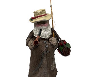 Vintage 2002 Hand Painted Paper Mache Fishing Santa Claus Figurine  10.5” Tall