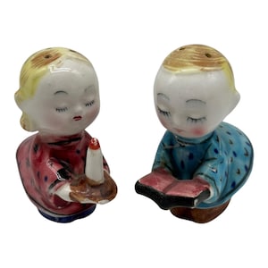 Vintage Sweet Children Girl Holding Candle Boy Book Salt & Pepper Shakers Japan