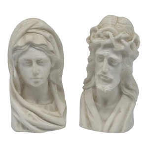 Conjunto de 2 bustos de alabastro tallados a mano de Madonna y Jesús, firmados en Italia, de 4,25&quot;