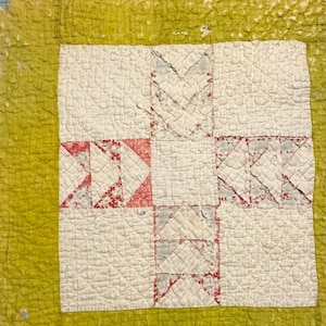 Vintage Cutter Quilt Piece 17” x 17” Nice Quilting Green Beige Red  Tattered #3