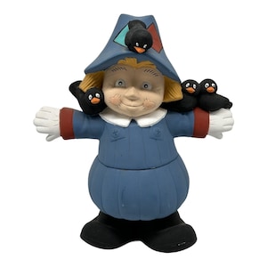 Vintage Hand Painted Ceramic Halloween Scarecrow & Crows Candy Jar Bowl With Lid