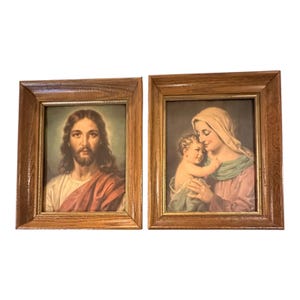 Vintage Jesus & Mary Religious Lithograph/Art Print Set  Mid Century 60s Frames