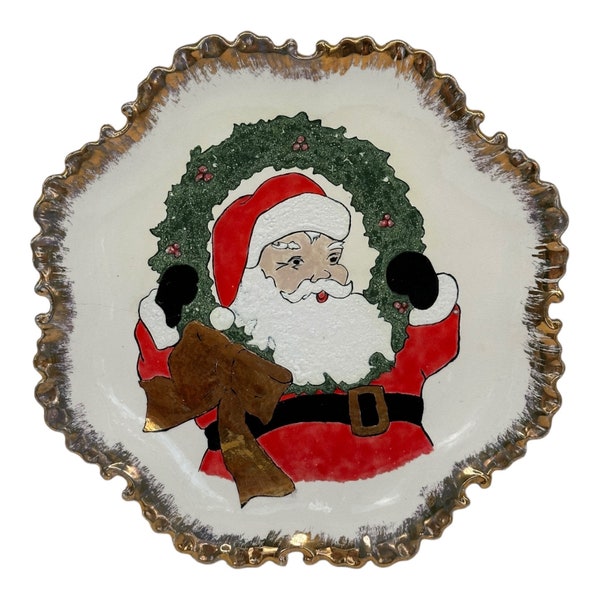 Vintage Hand Painted Ceramic Santa Claus/Wreath Platter Plate Embossed Gold Edge