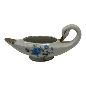 Vintage Porcelain Small White W/Blue Roses Swan  Succulent Planter~5.5” Long