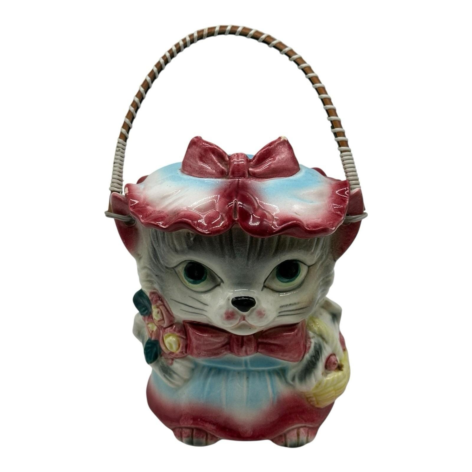 Vintage Royal Sealy Miss Kitty Cat Cookie Biscuit Jar Bamboo