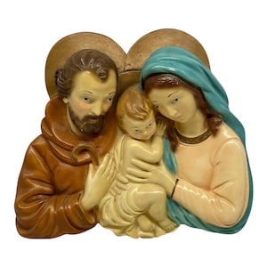 Vintage Chalkware Mary Joseph Baby Jesus Wall Plaque Hanging Sculpture 10.5x9.5”