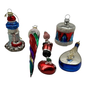 5 VTG Assorted Glass Christmas Tree Ornaments~Lighthouse~Drum~Guitar~W Germany
