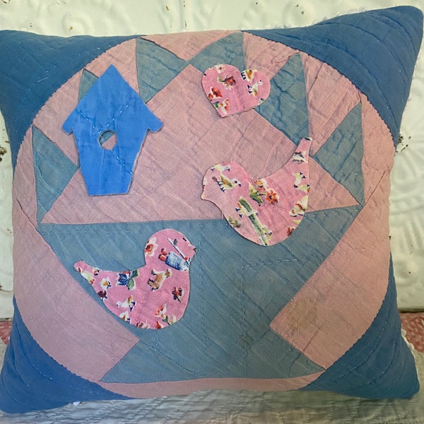 NEW Handmade Wee Love Birds and Birdhouse Pillow Repurposed Vintage Quilt Chenille Bedspread Quilt Bird Appliqué Cutout