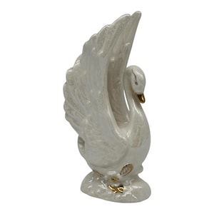 Vintage Glazed Ceramic Swan Figurine Iridescent Beige Gold Highlights  7.5” Tall