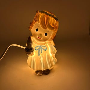 Vintage Ceramic Girl Angel Holding a Candle Night Light Christmas Holly No Light