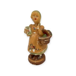 Darling Vintage Chalkware Figurine Girl Holding Basket Letter Mail Dress 7.5” T