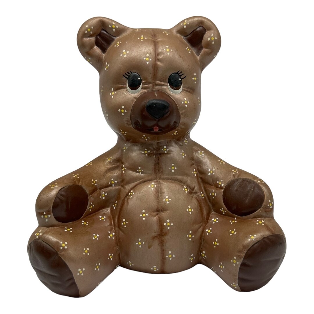 Vintage Ceramic Metallic Brown Floral Teddy Bear Hand Painted 8” Tall ...