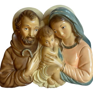Vintage Chalkware Mary Joseph Baby Jesus Wall Plaque Hanging Sculpture 10.5x9.5”