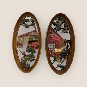 Vintage Burwood MCM 3D Molded Resin Wall Plaques Country Fisherman & Blacksmith