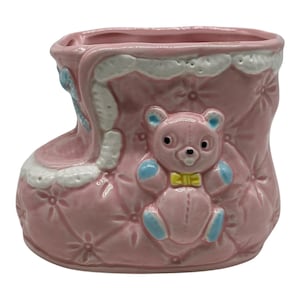 Vintage Ceramic Baby Bootie With Teddy Bear Planter  Pink And Pastels