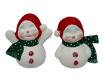 Vintage Set Of 2 Snowman Snow Woman Figurines Glitter  Textured Snow  4” Tall