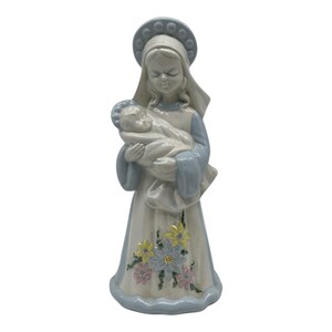 Vintage Virgin Mary Holding Baby Jesus Blessed Mother Figurine Flowers On Dress