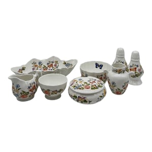 9 Pieces Vintage Cottage Garden Aynsley Bone China Trinket Box Vase Cream Sugar