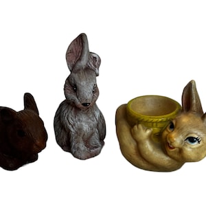 3 Assorted Vintage Ceramic Brown Bunny Rabbits Hand Painted  Easter  Darling