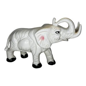 Vintage Ceramic White Glazed Elephant Figurine  Trunk Up  Good Luck  12” x 7.5”