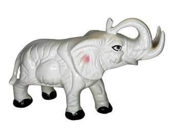 Vintage Ceramic White Glazed Elephant Figurine  Trunk Up  Good Luck  12” x 7.5”