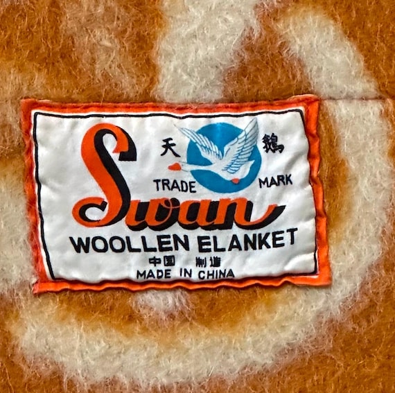 Vintage Swan Woolen Blanket 53” X 75” Reversible Golden Orange