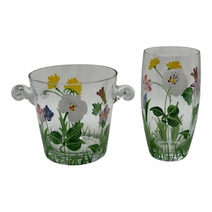 Royal Danube Romanian Glass Hand Painted Ice Bucket & Matching Glass W/ Flowers