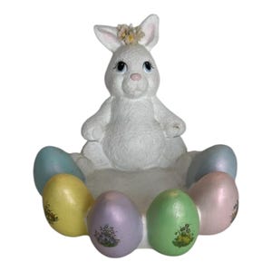 Vintage Bunny And Easter Egg Handpainted Ceramic Candy Dish Bowl