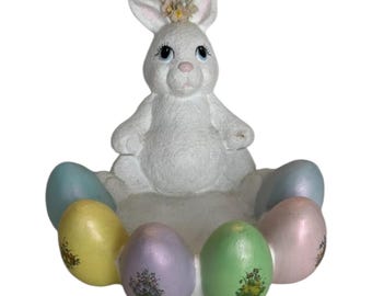 Vintage Bunny And Easter Egg Handpainted Ceramic Candy Dish Bowl