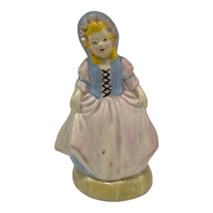 Darling Vintage Chalkware Figurine Girl In Pastel Dress And Bonnet  4.75” Tall