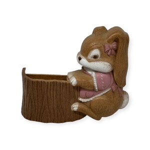 Vintage Girl Bunny W/Pink Bow Tree Stump Planter Burwood Wall Pocket 1990