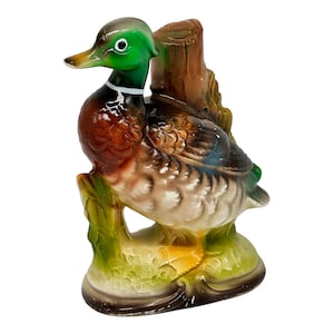 Vintage Ceramic Duck Mallard & Tree Stump Figurine~6” Tall~Vibrant Colors~Japan