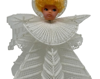 Vintage Handcrafted Plastic Canvas Needlepoint White Pearl Beads Christmas Angel