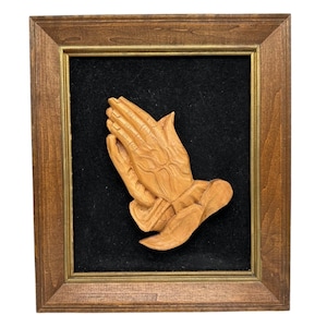 Vintage MCM Hand Carved Wood Praying Hands Mounted On Black Felt  Wood Frame