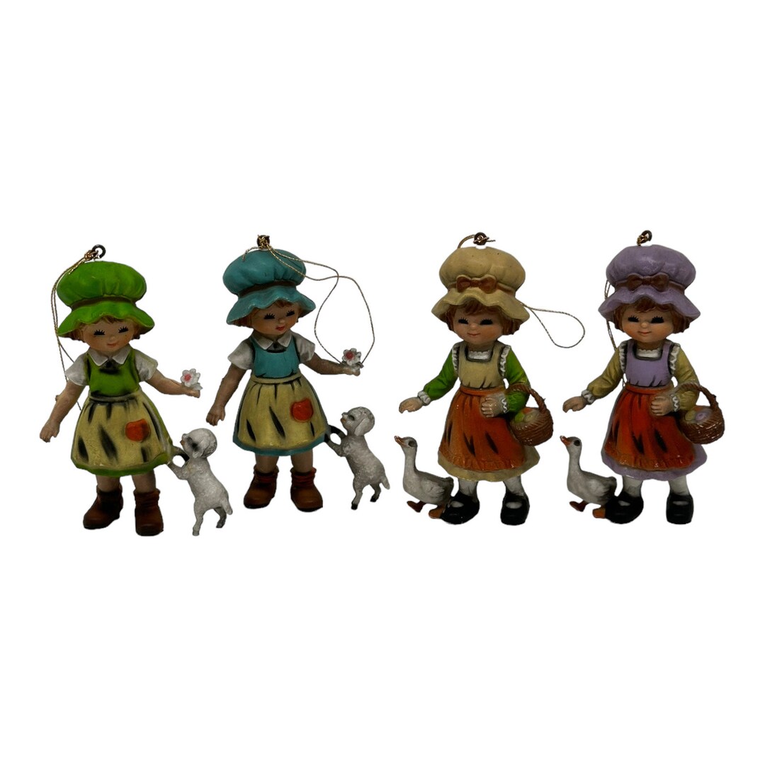 Vtg Set of 4 Bradford Novelty Christmas Ornaments 2 Girl W/sheep 2 Girl