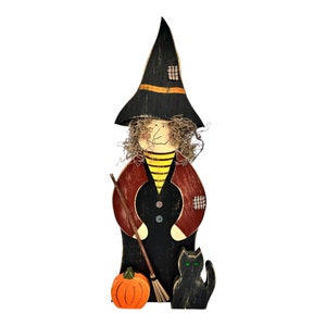 Vintage Halloween Standing Wooden Witch Cat And Pumpkin Figurine  22” Tall