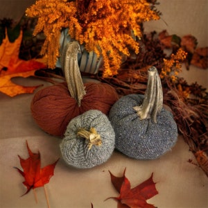 NEW Set Of 3 Handmade Fall Autumn Wool & Sweater Fabric Pumpkins Halloween Cute!