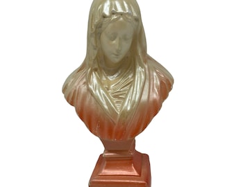 Vintage Handpainted Chalkware Blessed Virgin Mary 7..25” Pedestal Bust Beautiful