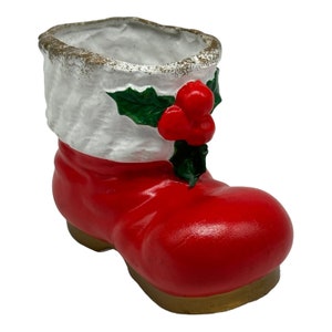 Vintage Enesco Paper Mache Christmas Red Santa Boot  6&quot;  Holly & Berries