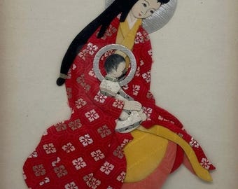 Portrait oriental asiatique 3D femme geisha, tissu textile, porcelaine