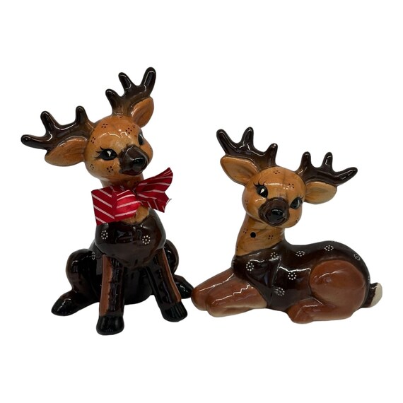 2 Vintage Ceramic Christmas Reindeer Kitch Figurines Hand Painted
