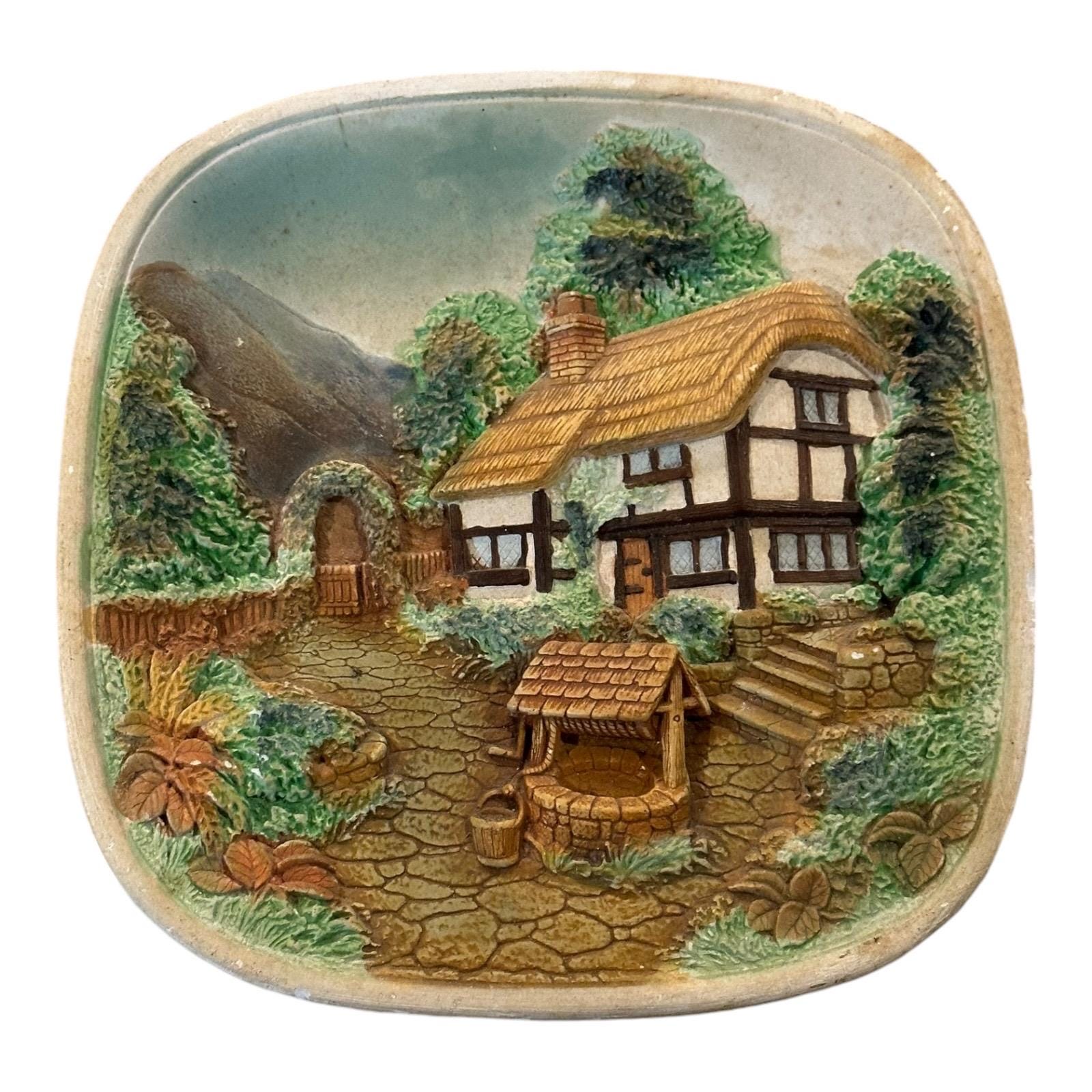 Vintage 3D Chalkware Plate English Cottage Garden/ Well~legend