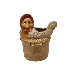 VTG Kimple Ceramic Planter Chicken Hen Wearing A Bonnet Laying on Bushel Basket