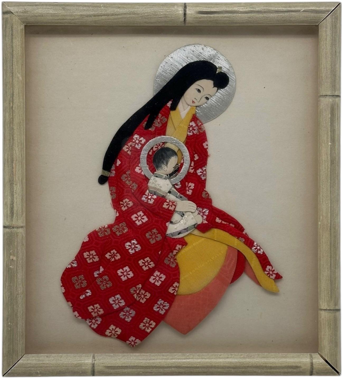 Vintage Japanese 3D Framed Art Fabric Geisha Mary and Baby Jesus