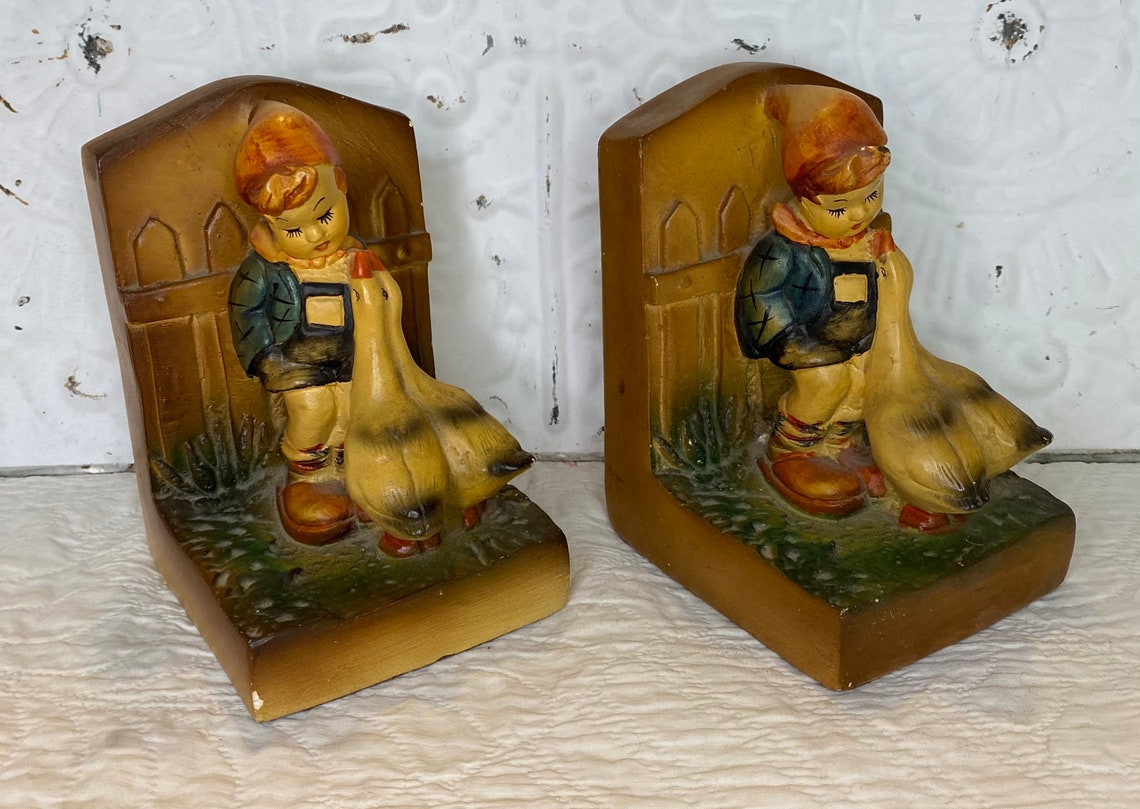 Vintage Chalkware Pair Of Bookends Boy With Geese Very Cute Etsy