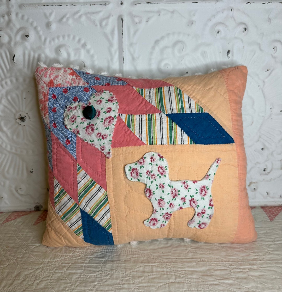 NEW Handmade Puppy Dog Pillow Vintage Feed Sack Quilt Chenille