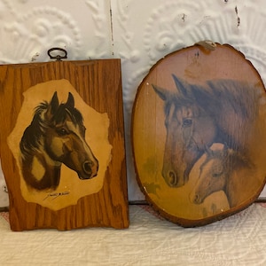 Vintage Lot Of 2 Horse Print Wood Plaques~Mare Foal On Tree Bark Slab~Decoupage