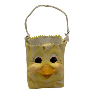 Vintage Hand Painted Yellow Easter Chick Face Ceramic Basket Vase With Handle
